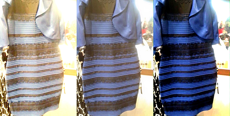 The original image is in the middle. At left, white-balanced as if the dress is white-gold. At right, white-balanced to blue-black (source). 